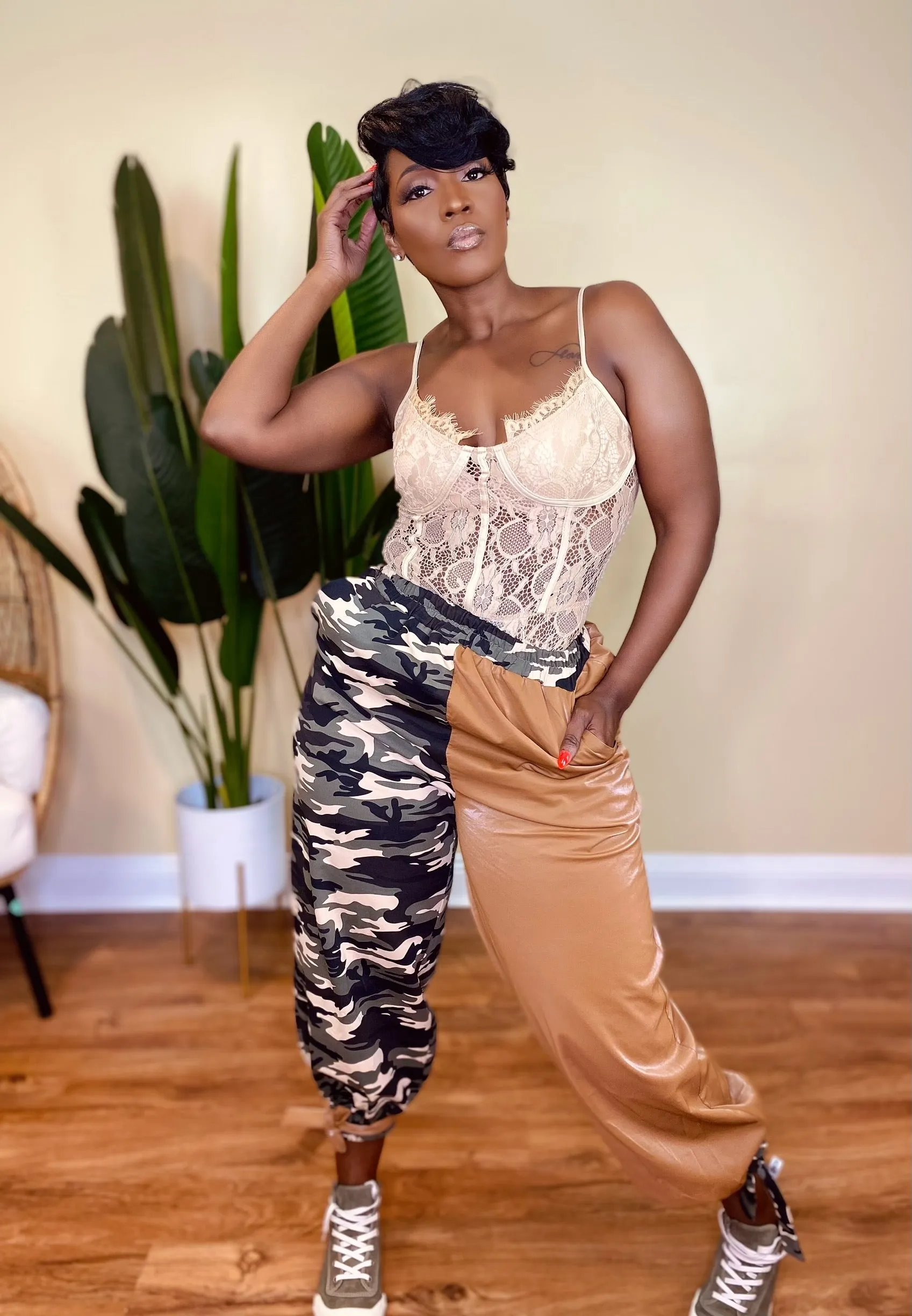 SALUTE ME CAMO/VEGAN LEATHER PANTS